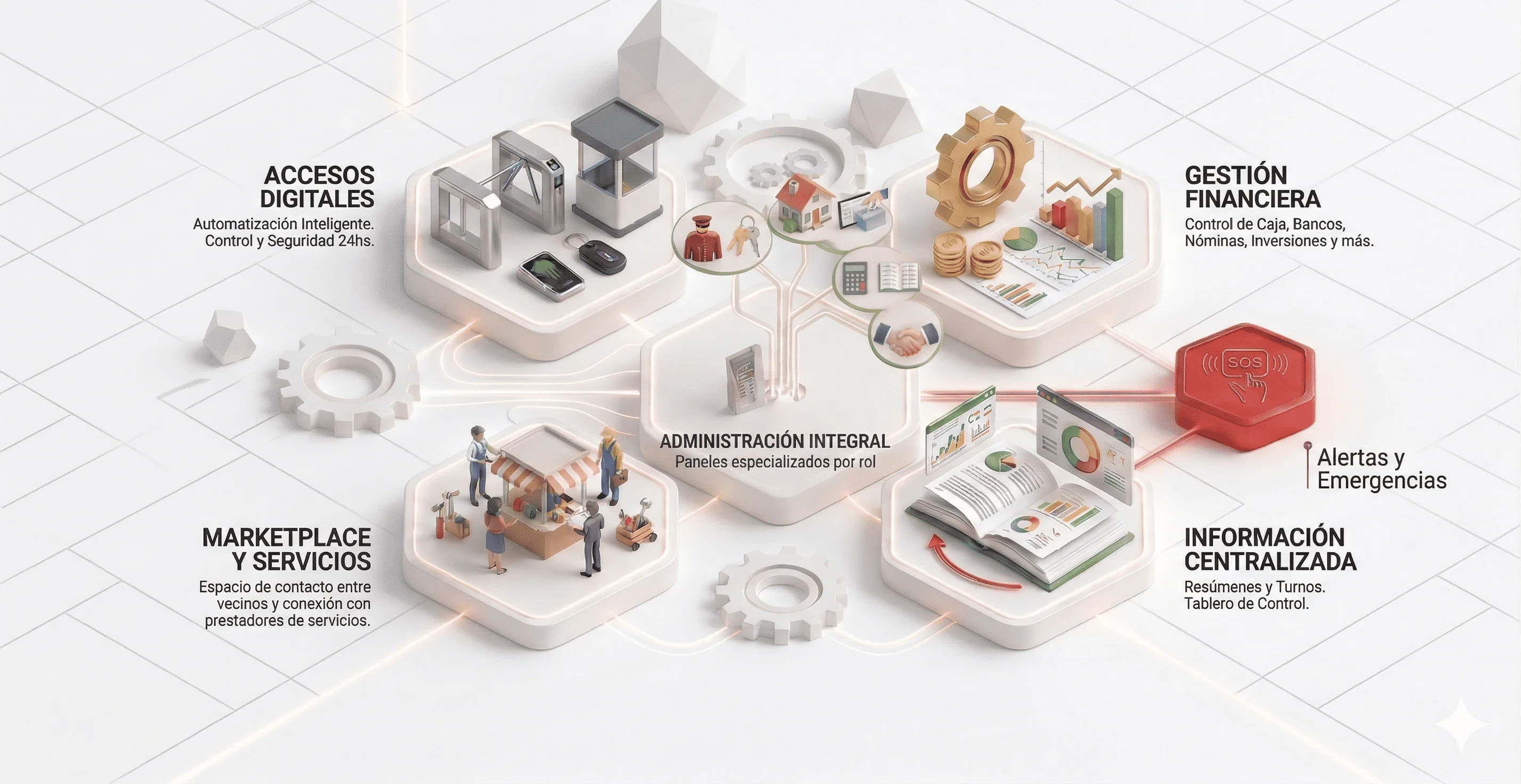 InHomy - Administración integral. Paneles por rol: accesos digitales, gestión financiera, información centralizada, alertas y emergencias, marketplace y servicios.